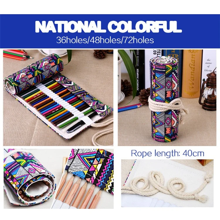 Chinese Folk-custom Pattern Canvas Pencils Organizer Pouch Case 56 x 20cm (48 holes ) - Colorful Tribe Pattern