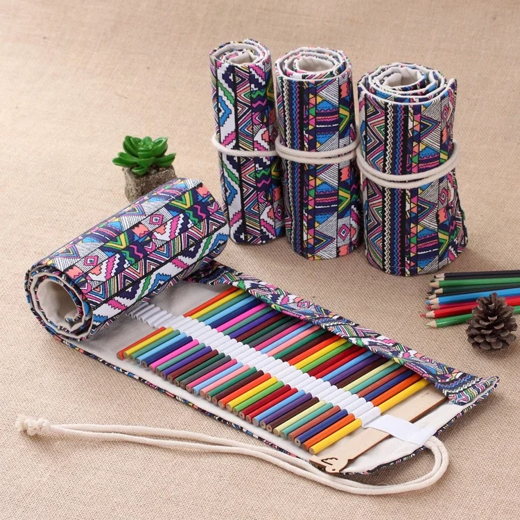 Chinese Folk-custom Pattern Canvas Pencils Organizer Pouch Case 56 x 20cm (48 holes ) - Colorful Tribe Pattern