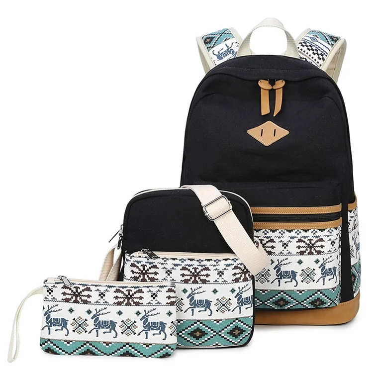 Ethnic Snow and Elk Pattern Canvas Backpack School Bag + Messenger Bag + Handbag 3 in 1 Bag Set - Black