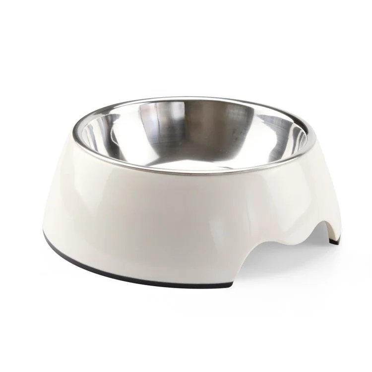 2 in 1 Melamine Pet Dog Bowl with Stainless Steel Bowl Insert - Size: M / White