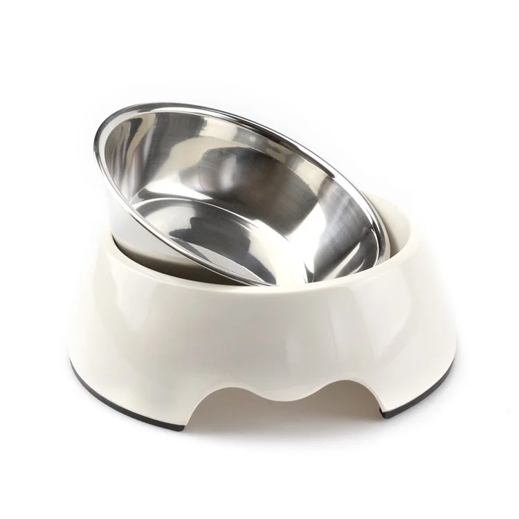 2 in 1 Melamine Pet Dog Bowl with Stainless Steel Bowl Insert - Size: M / White