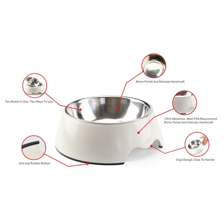 2 in 1 Melamine Pet Dog Bowl with Stainless Steel Bowl Insert - Size: M / White