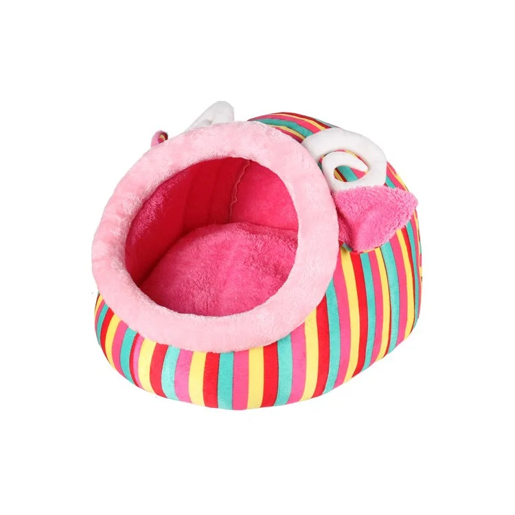 Stripe Design Washable Short Plush Pet Dog Bed Puppy Cat Warm House Nest - Pink / L Size