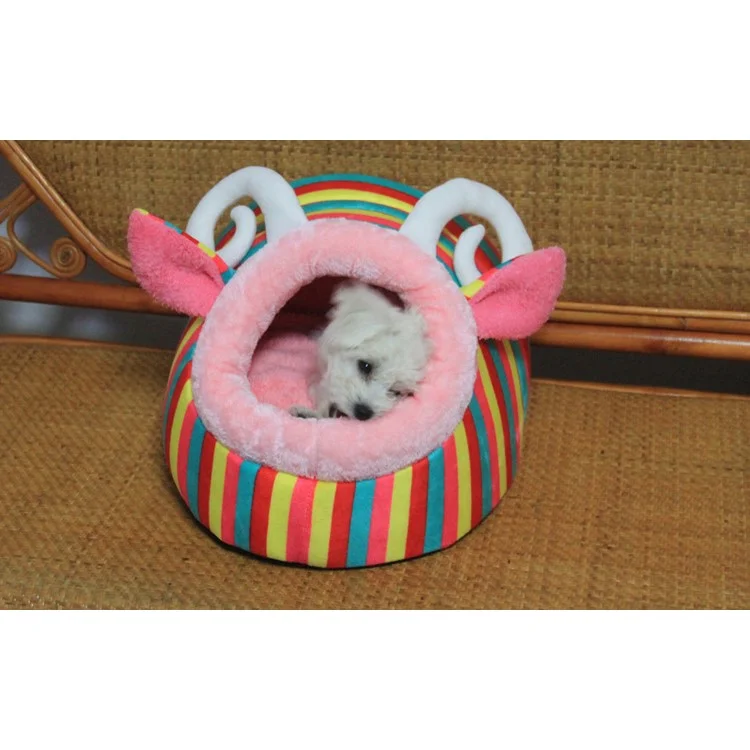 Stripe Design Washable Short Plush Pet Dog Bed Puppy Cat Warm House Nest - Pink / L Size