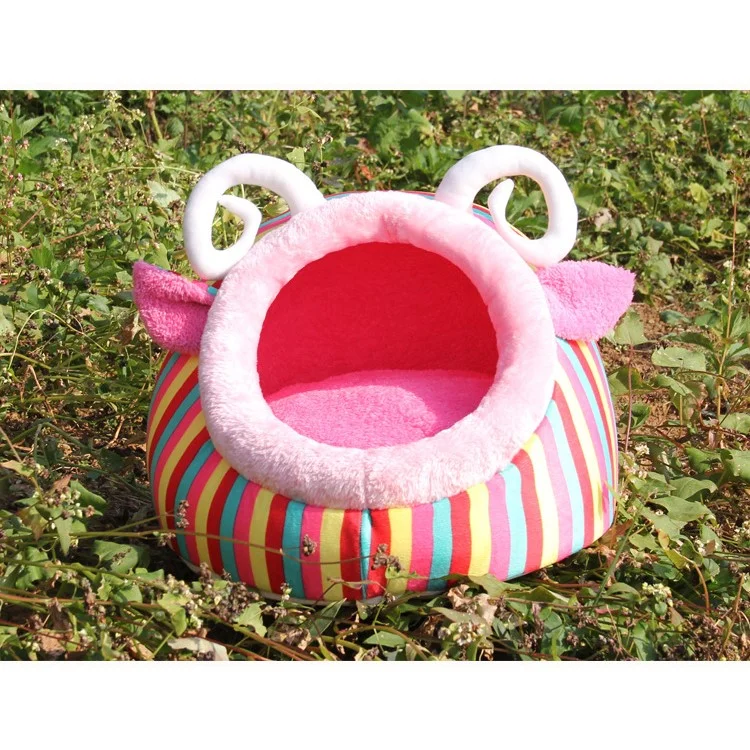 Stripe Design Washable Short Plush Pet Dog Bed Puppy Cat Warm House Nest - Pink / L Size