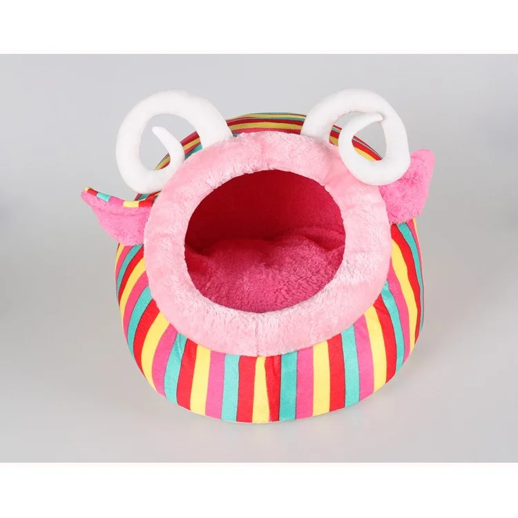 Stripe Design Washable Short Plush Pet Dog Bed Puppy Cat Warm House Nest - Pink / L Size