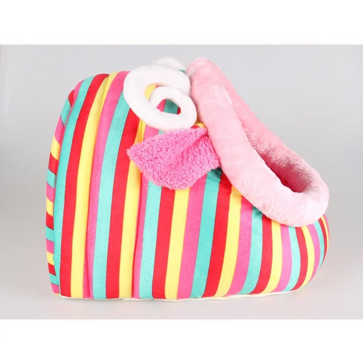Stripe Design Washable Short Plush Pet Dog Bed Puppy Cat Warm House Nest - Pink / L Size