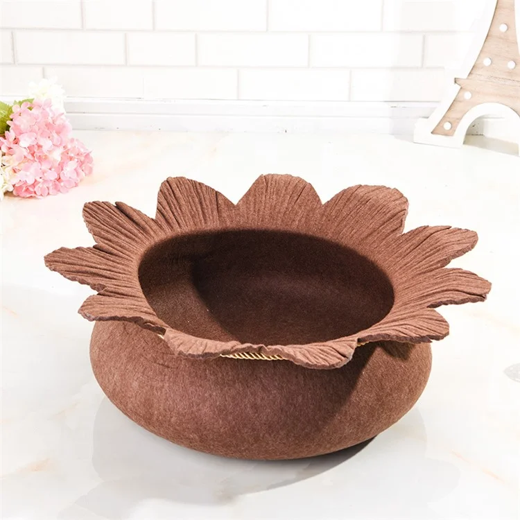 Four Seasons Cozy Felt Pet Nest Kennel Dog Cat Bed Water Lily Shape Breathable Washable - Coffee