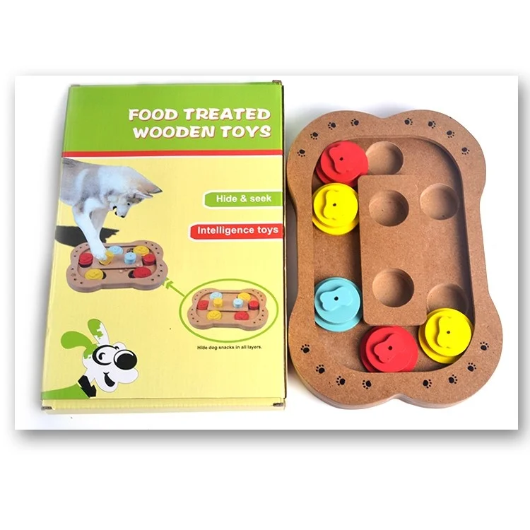 Wooden Multi-Functional Dog Food Plate Educational Clamp Slot Training Toy - Bone