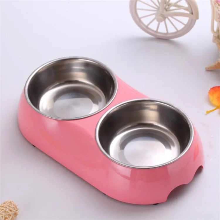 Non-Slip Eco-friendly Melamine Stainless Steel Double Diner Pet Bowl for Small / Medium Dogs Cats - Pink
