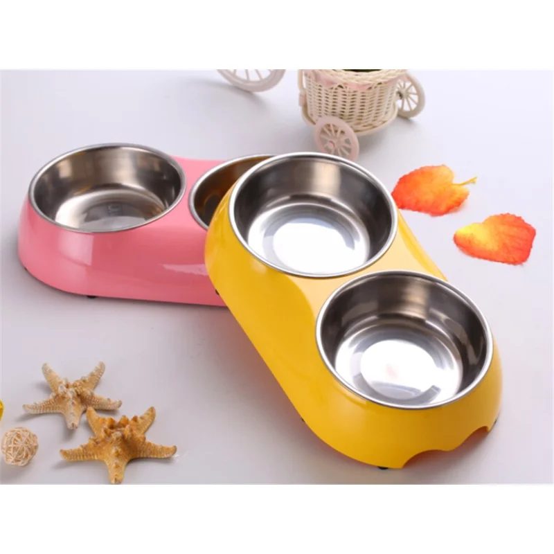Non-Slip Eco-friendly Melamine Stainless Steel Double Diner Pet Bowl for Small / Medium Dogs Cats - Pink