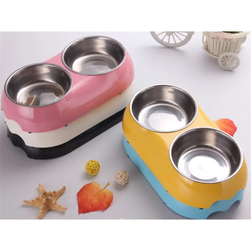 Non-Slip Eco-friendly Melamine Stainless Steel Double Diner Pet Bowl for Small / Medium Dogs Cats - Pink