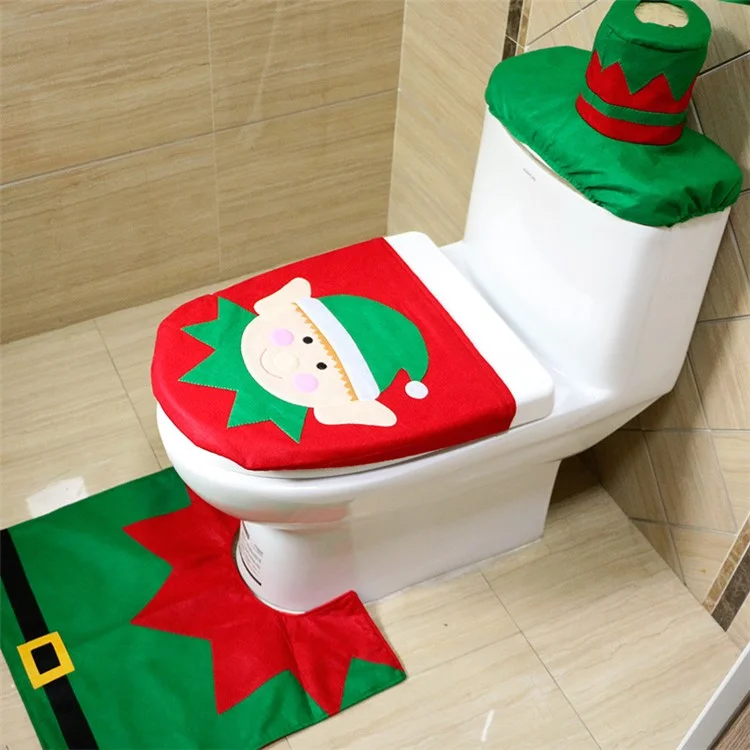 3Pcs Christmas Elf Toilet Seat Cover and Rug Set Bathroom Decoration