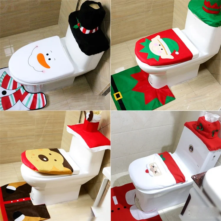 3Pcs Christmas Elf Toilet Seat Cover and Rug Set Bathroom Decoration