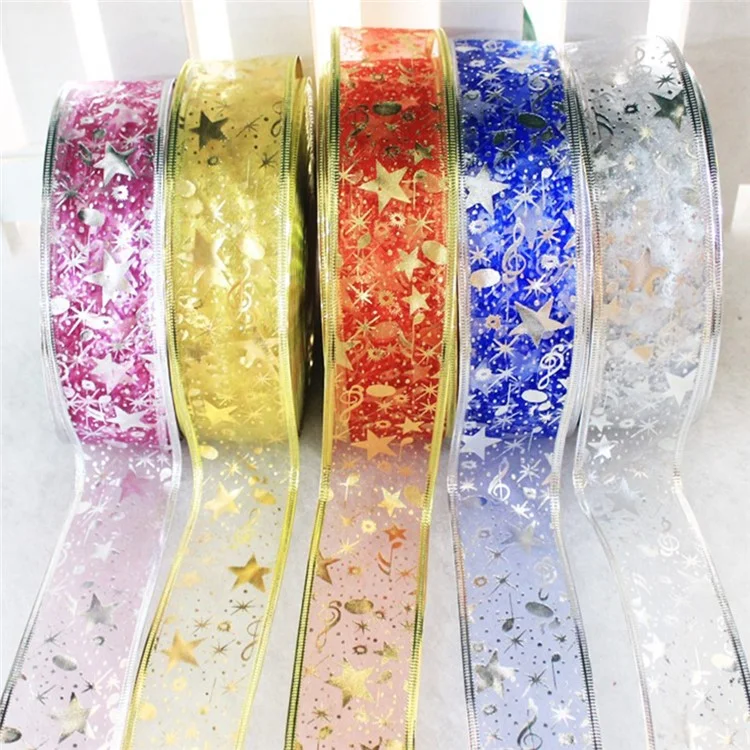 Bling Star Printed Organza Ribbon DIY Christmas New Year Decoration Ribbon Roll 2m - Red