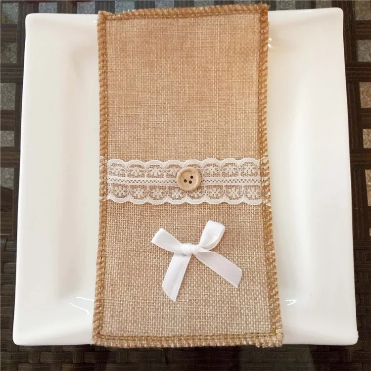 Burlap Navideño Lace Utensil Holder Cubiertos Cubiertos Bolsa De Tenedor De Cuchillo - Bowknot