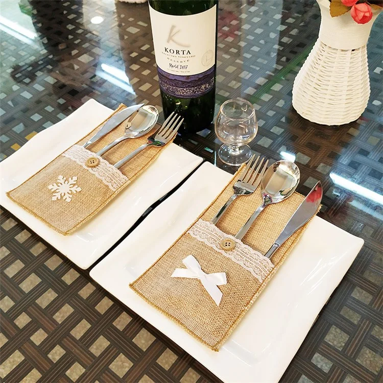 Burlap Navideño Lace Utensil Holder Cubiertos Cubiertos Bolsa De Tenedor De Cuchillo - Bowknot