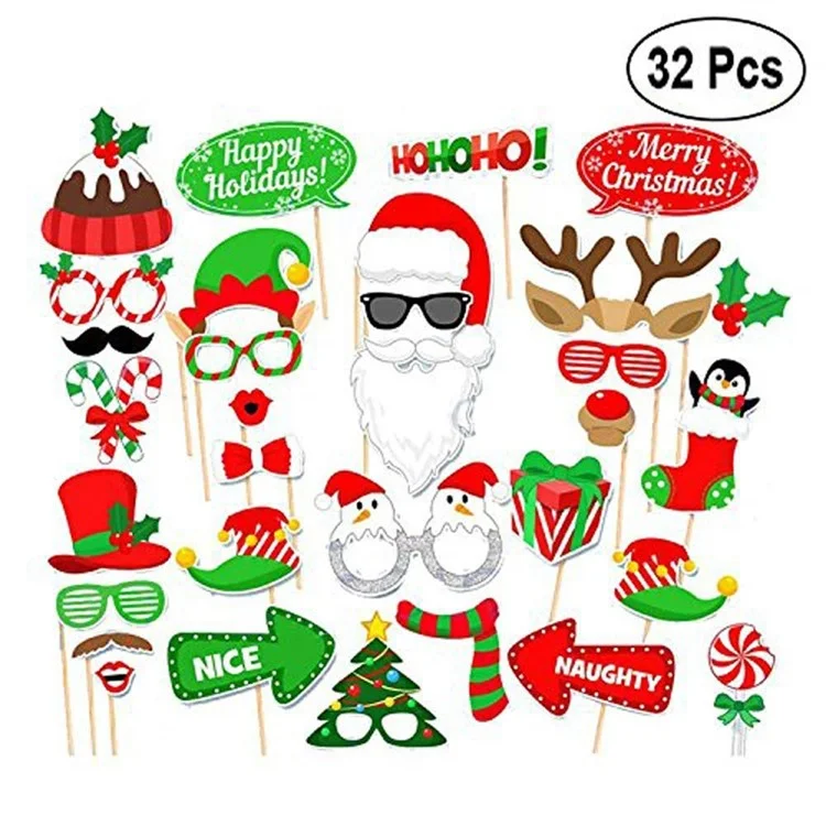 32 piezas/Juego Accesorios para Photocall de Navidad Bigote Copa de Vino Gafas Kit DIY 