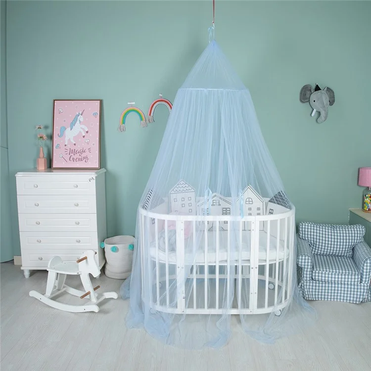 Dosel de cama de aro redondo, cúpula y mosquitera con estrellas brillantes - Azul celeste