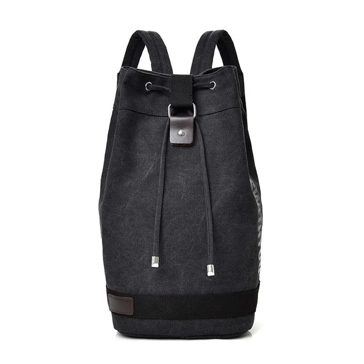 Canvas Large Capacity Barrel Backpack Travel Rucksack Teenager School Bag - Size: S / Black