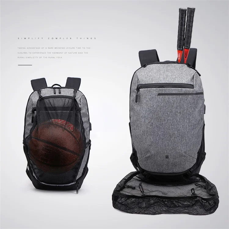 Sports Gym Bags Basketball Backpack Racket Bags with USB Port for Boys - Grey