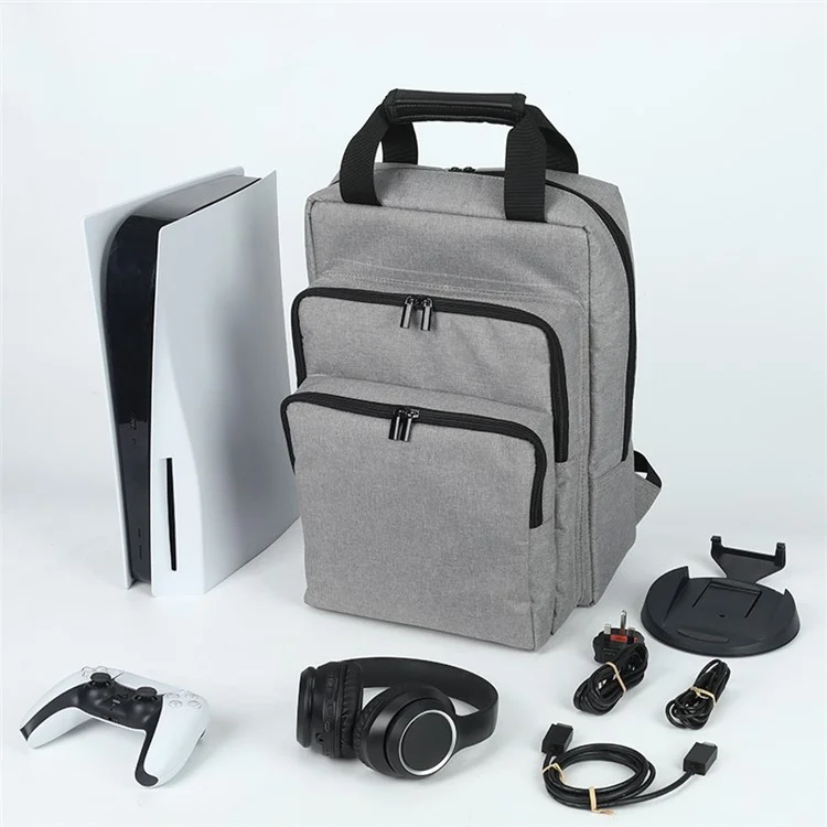 For Sony PS5 Game Console Portable Travel Carrying Bag Shockproof Zipper Backpack - Grey