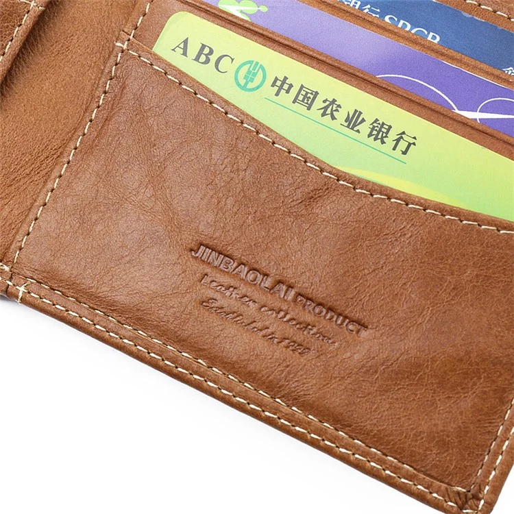 JINBAOLAI Leisure Style Top Layer Cowhide Leather Short Purse Bi-fold Wallet for Men - Brown