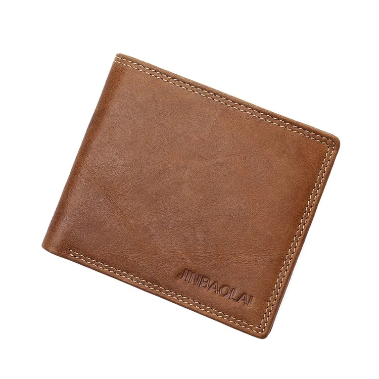 JINBAOLAI Leisure Style Top Layer Cowhide Leather Short Purse Bi-fold Wallet for Men - Brown