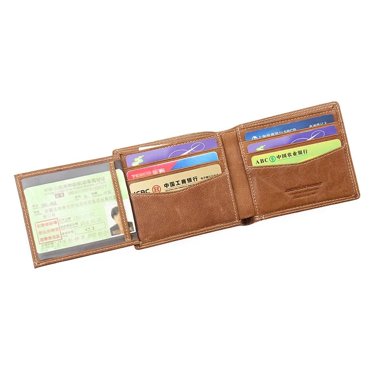 JINBAOLAI Leisure Style Top Layer Cowhide Leather Short Purse Bi-fold Wallet for Men - Brown