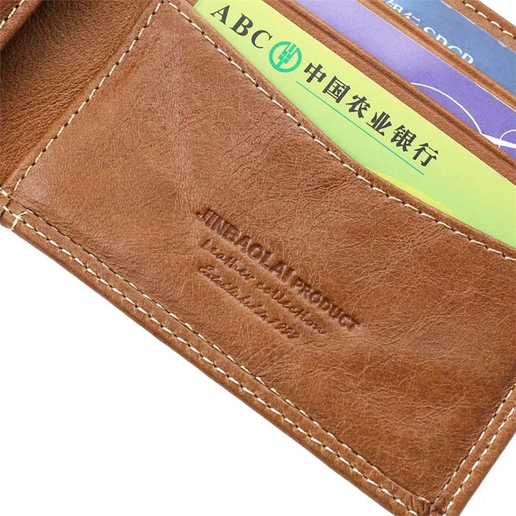 JINBAOLAI Leisure Style Top Layer Cowhide Leather Short Purse Bi-fold Wallet for Men - Brown