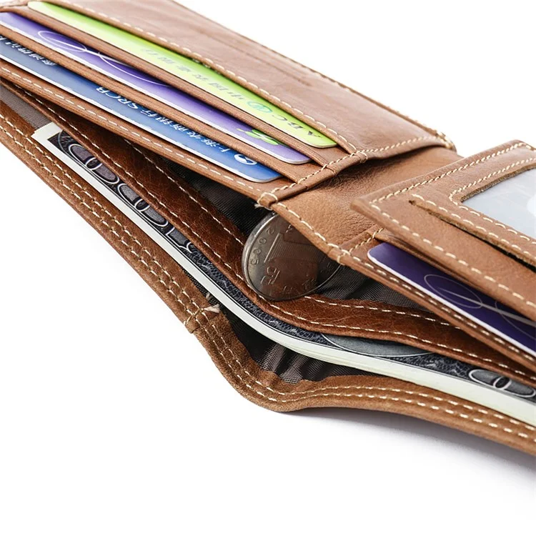 JINBAOLAI Leisure Style Top Layer Cowhide Leather Short Purse Bi-fold Wallet for Men - Brown