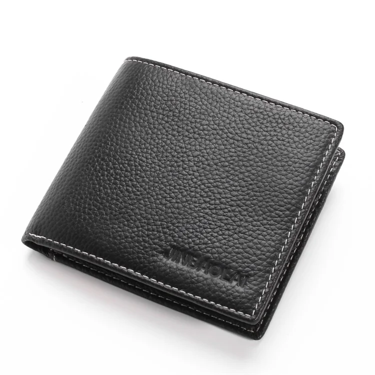 JINBAOLAI Business Style Litchi Texture Top Layer Cowhide Leather Card Slots Bi-fold Wallet Purse for Men - Black