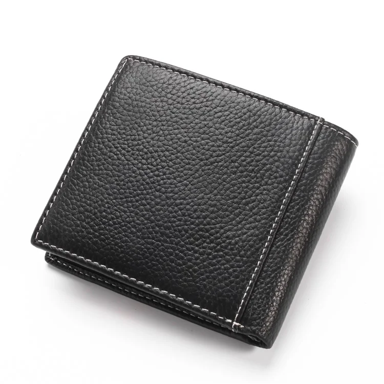 JINBAOLAI Business Style Litchi Texture Top Layer Cowhide Leather Card Slots Bi-fold Wallet Purse for Men - Black