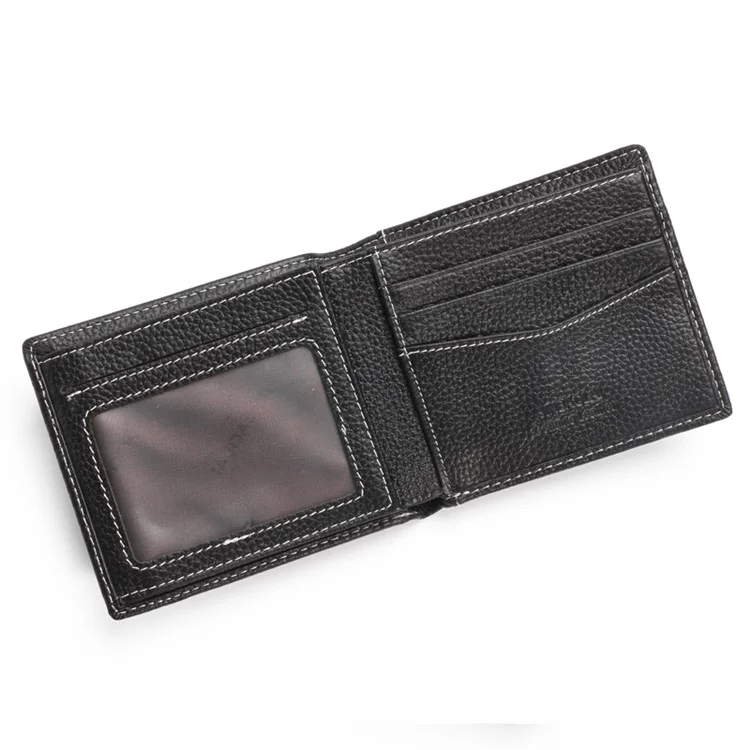 JINBAOLAI Business Style Litchi Texture Top Layer Cowhide Leather Card Slots Bi-fold Wallet Purse for Men - Black