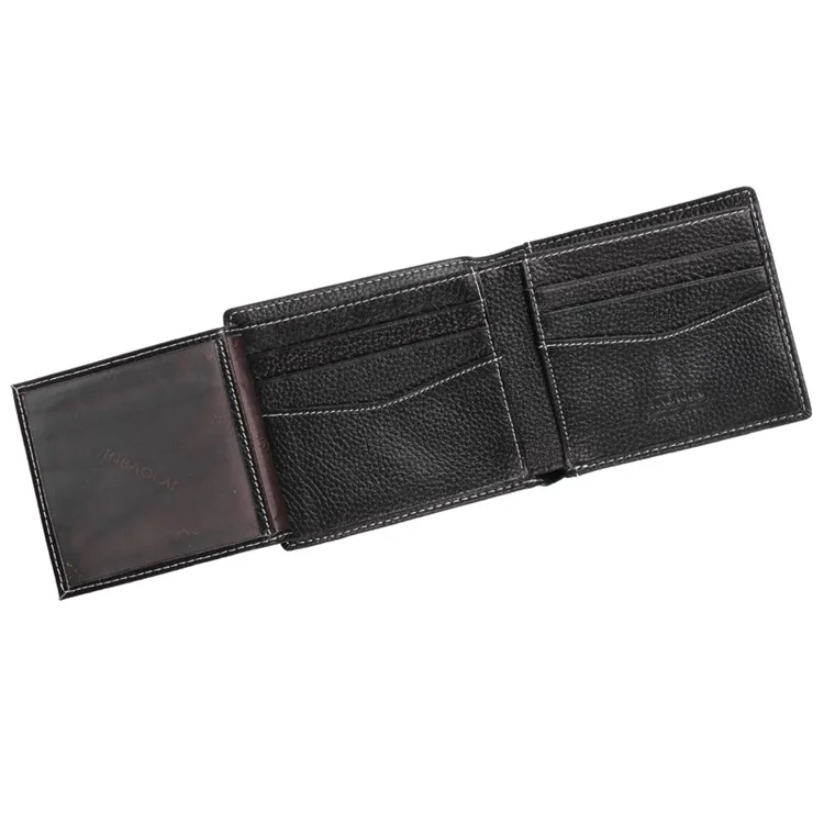 JINBAOLAI Business Style Litchi Texture Top Layer Cowhide Leather Card Slots Bi-fold Wallet Purse for Men - Black