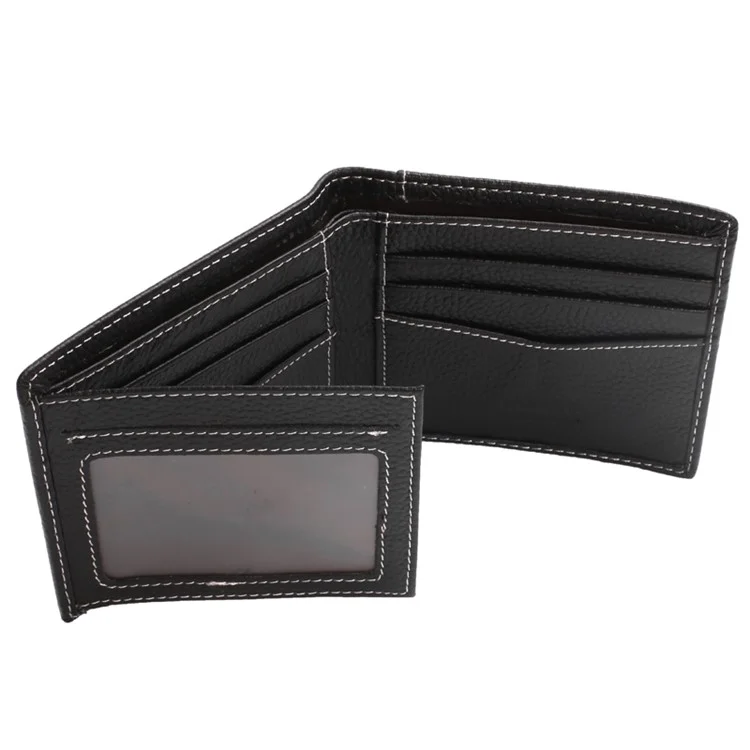 JINBAOLAI Business Style Litchi Texture Top Layer Cowhide Leather Card Slots Bi-fold Wallet Purse for Men - Black