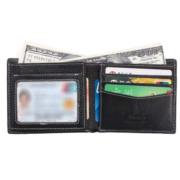 JINBAOLAI Business Style Litchi Texture Top Layer Cowhide Leather Card Slots Bi-fold Wallet Purse for Men - Black