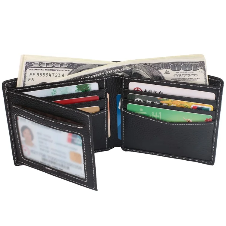 JINBAOLAI Business Style Litchi Texture Top Layer Cowhide Leather Card Slots Bi-fold Wallet Purse for Men - Black