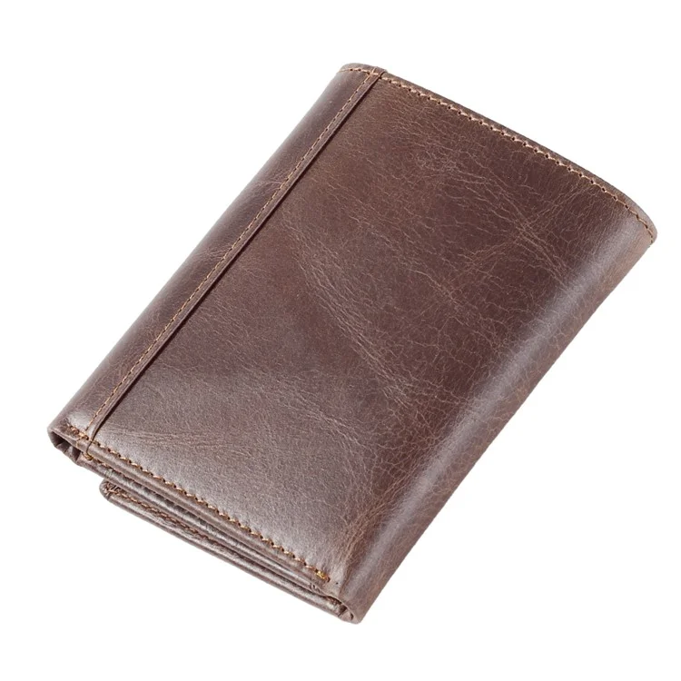 JINBAOLAI Top Layer Cowhide Leather Short Purse Tri-fold Wallet for Men - Coffee