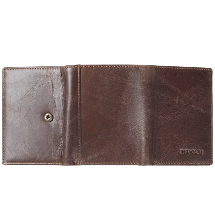 JINBAOLAI Top Layer Cowhide Leather Short Purse Tri-fold Wallet for Men - Coffee