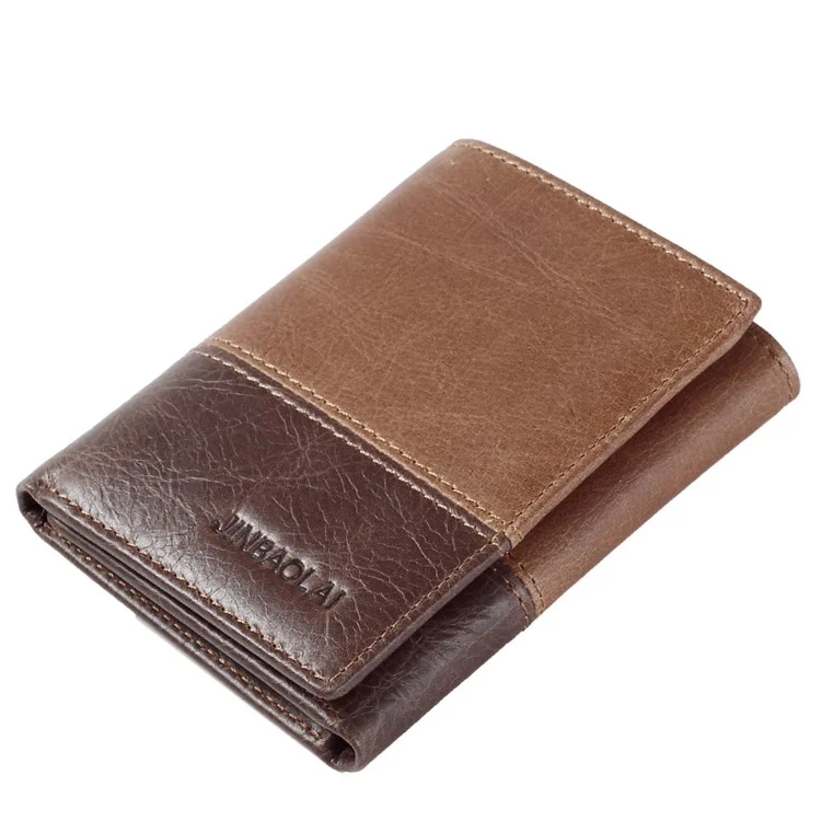 JINBAOLAI Bi-color Tri-fold Top Layer Cowhide Leather Short Wallet for Men