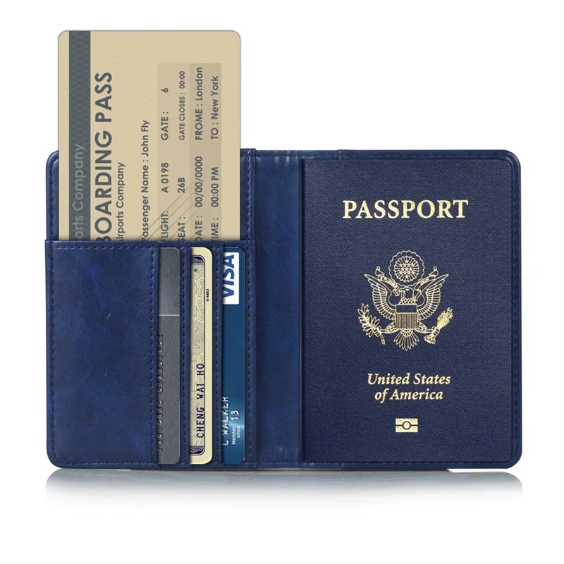 Multi-functional PU Leather Bi-fold Wallet Cover Case Passport Holder - Blue