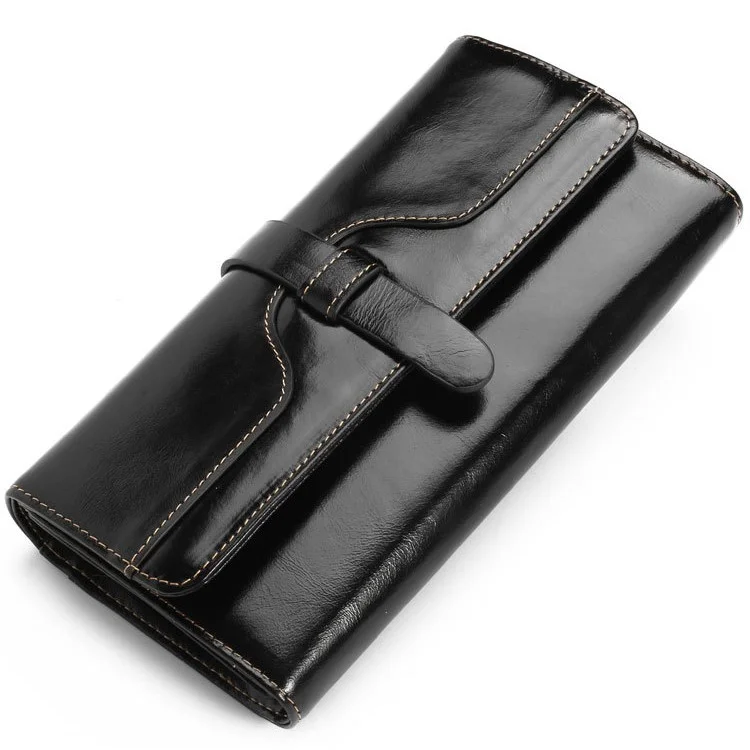 Tri-fold Oil Wax Cowhide Genuine Leather Clutch Wallet Card Slot Organizer for Women - Black