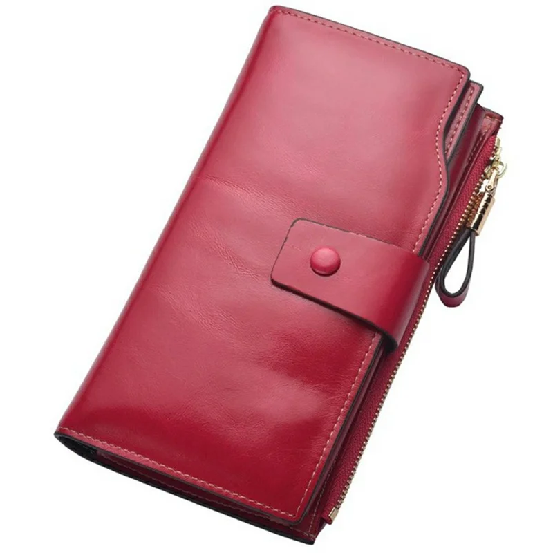 2003# Multi Card Slot Zipper Clutch Wallet Top Layer Cowhide Leather Vintage Style Purse for Women - Red