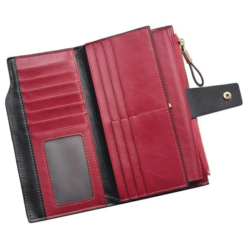 2003# Multi Card Slot Zipper Clutch Wallet Top Layer Cowhide Leather Vintage Style Purse for Women - Red