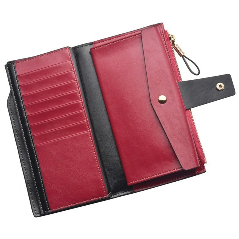 2003# Multi Card Slot Zipper Clutch Wallet Top Layer Cowhide Leather Vintage Style Purse for Women - Red