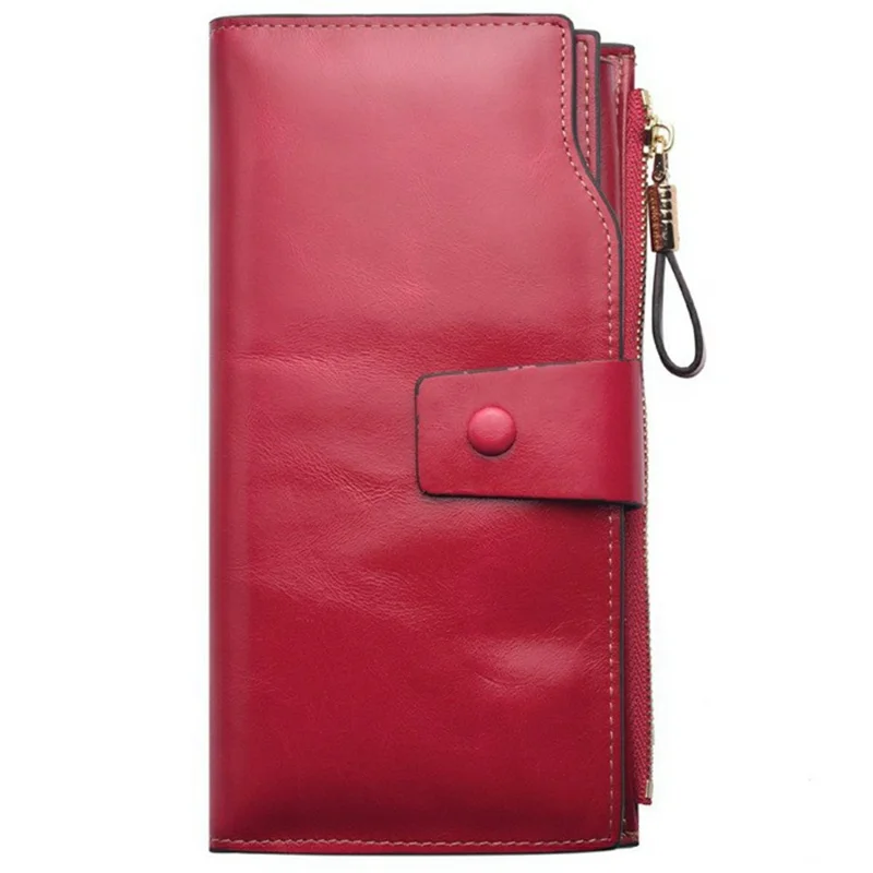 2003# Multi Card Slot Zipper Clutch Wallet Top Layer Cowhide Leather Vintage Style Purse for Women - Red