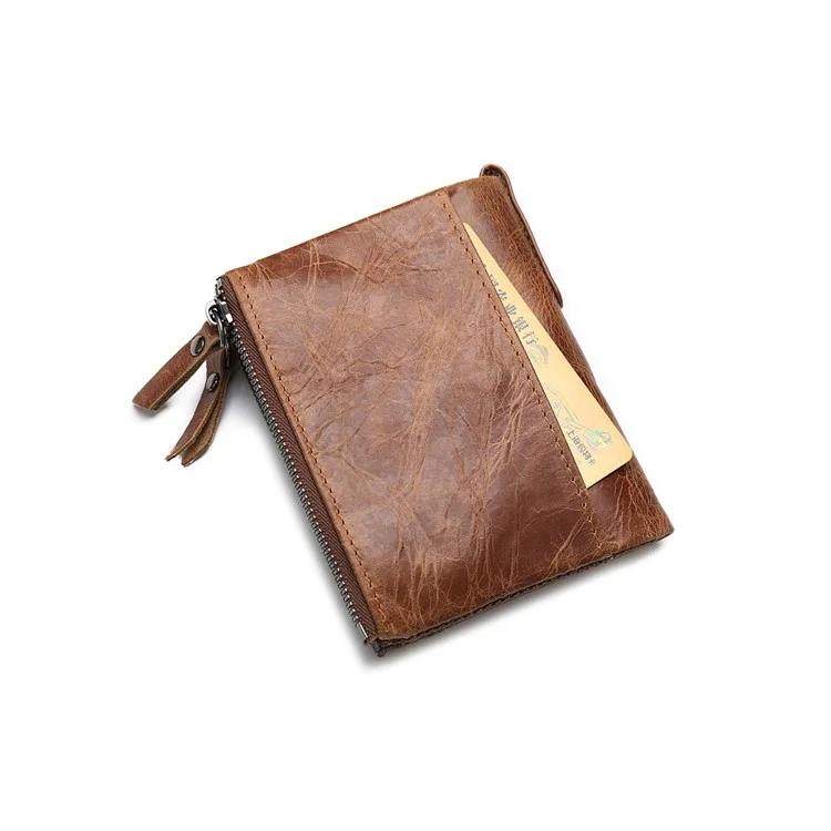 Estilo Retro Capa Superior Cuero Cuero Crazy Horse Grain Tarjetas Slots Monedero Monedero Zipper Wallet - Café