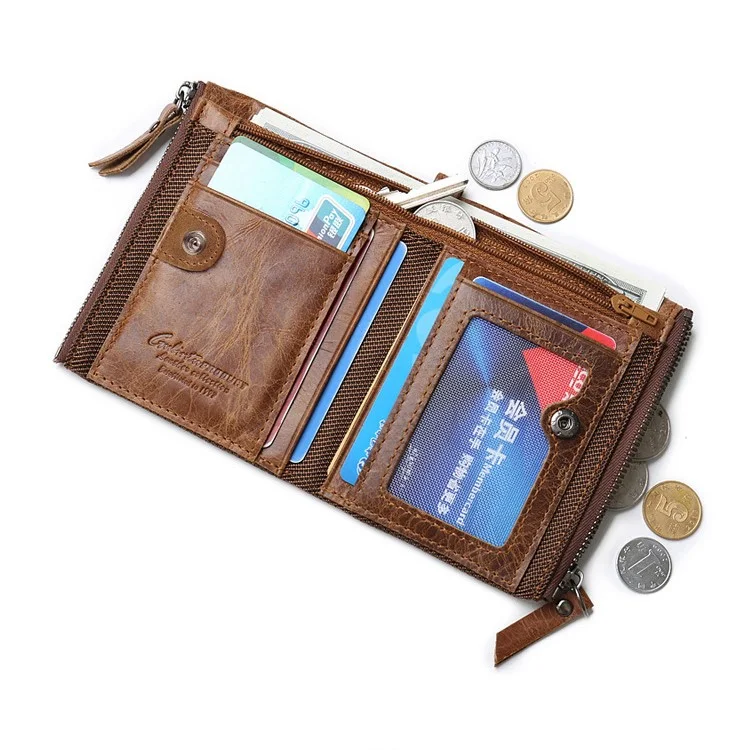 Retro Style Top-layer Cowhide Leather Crazy Horse Grain Card Slots Coin Purse Zipper Wallet - Coffee