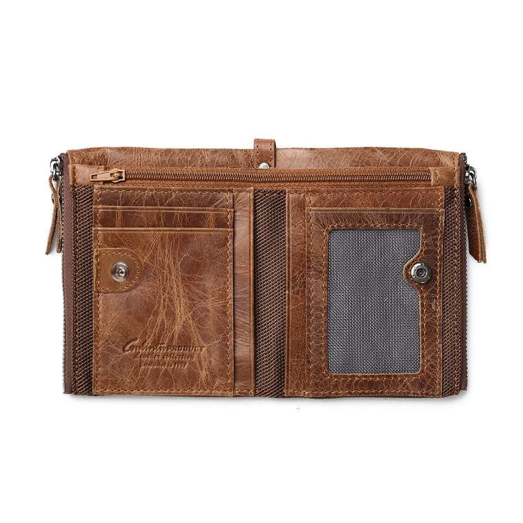 Estilo Retro Capa Superior Cuero Cuero Crazy Horse Grain Tarjetas Slots Monedero Monedero Zipper Wallet - Café